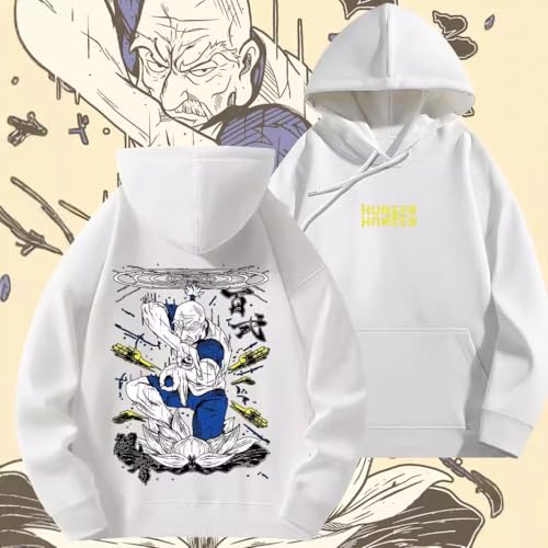 Kirabosi(キラ星) ハンターｘハンター パーカー 長袖 フード付き クロロル クラピカ フェイタン アイザック カイト マチ シズク ヒソカ 印象パーカー 記念シャツ コスプレ衣装 日常服 春秋冬用 男女兼用 お洒落 人気 誕生日 クリスマス プレゼント (アイザック·ネテロ(白),L)